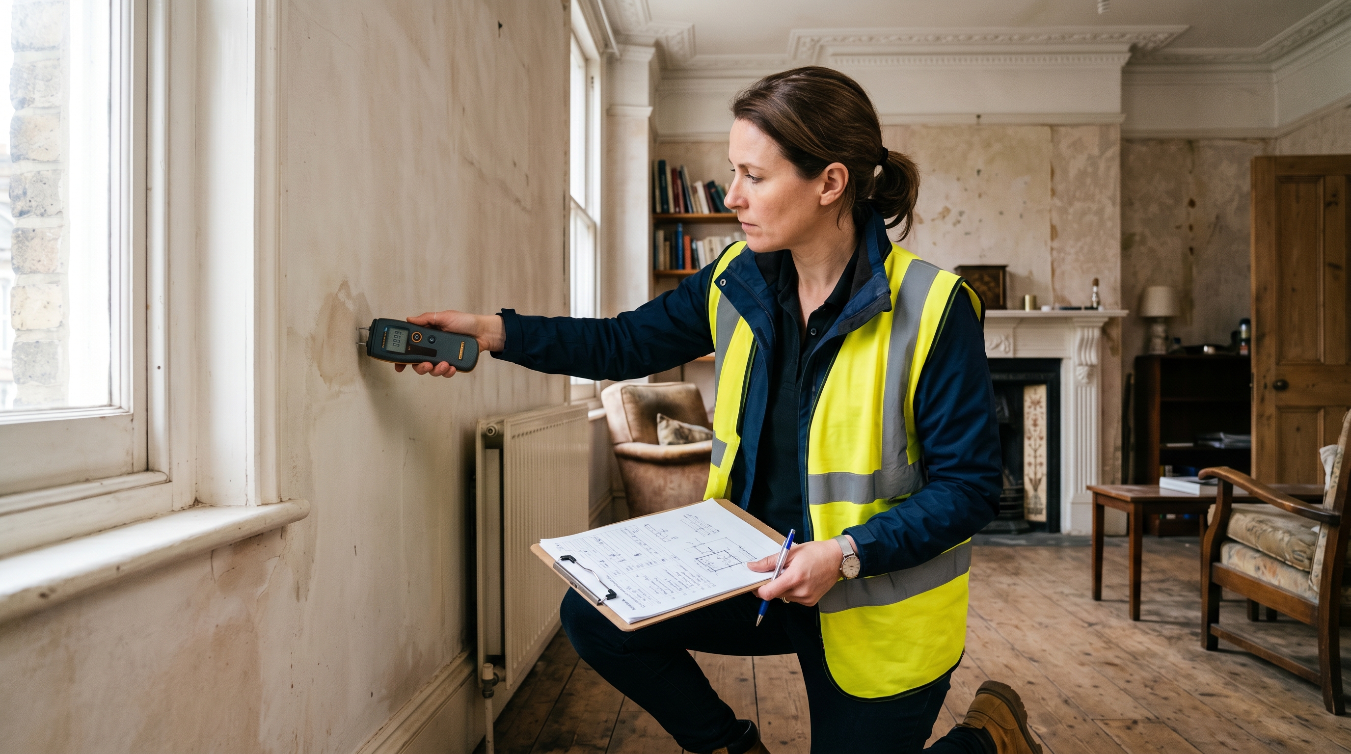 Damp surveyor using moisture meter on a residential wall